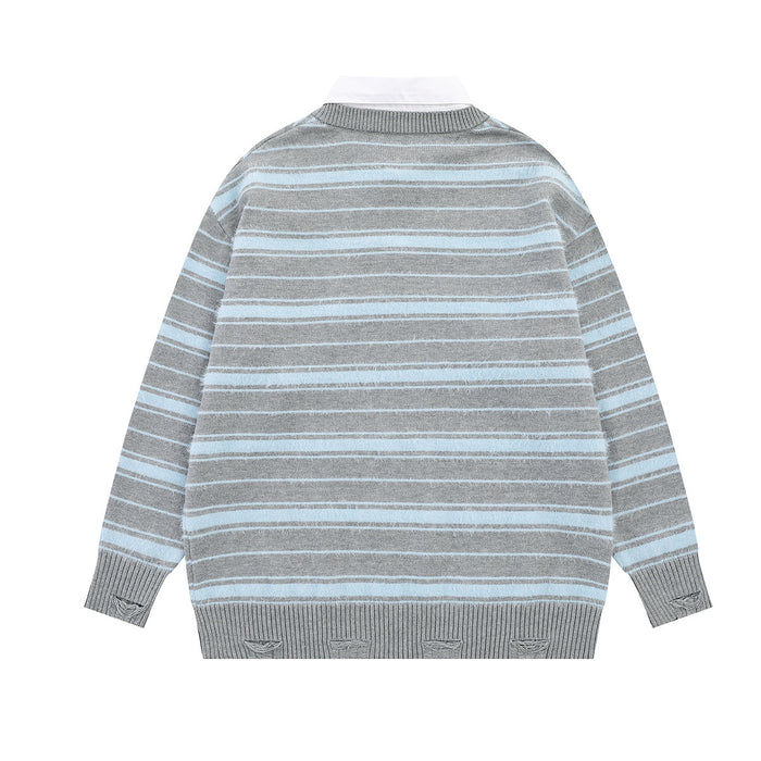 Back view of gray striped knit sweater showing horizontal stripes, ribbed collar, cuffs, and hem