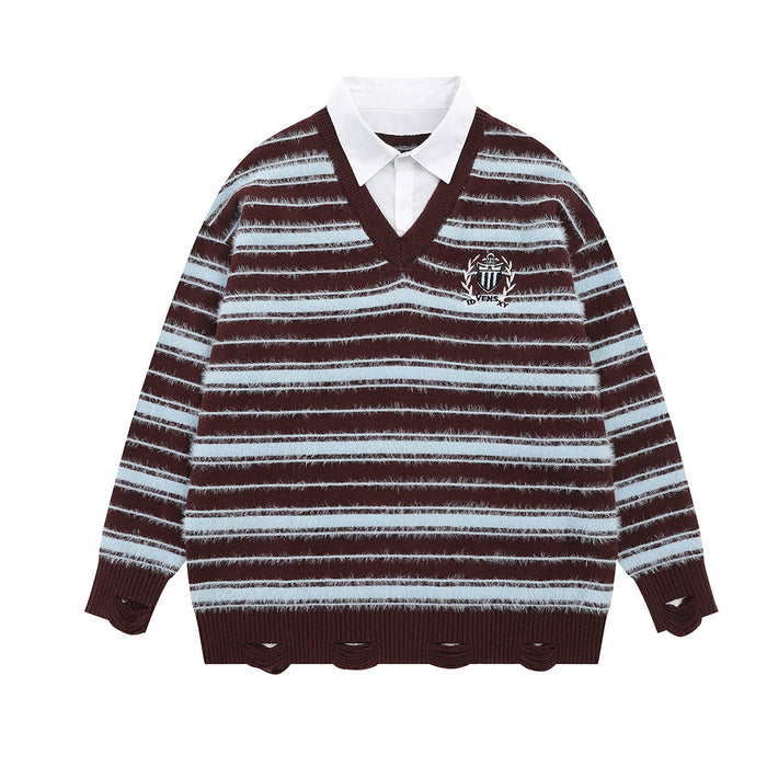 Burgundy striped knit sweater with white layered shirt collar, V-neck trim, and embroidered chest crest