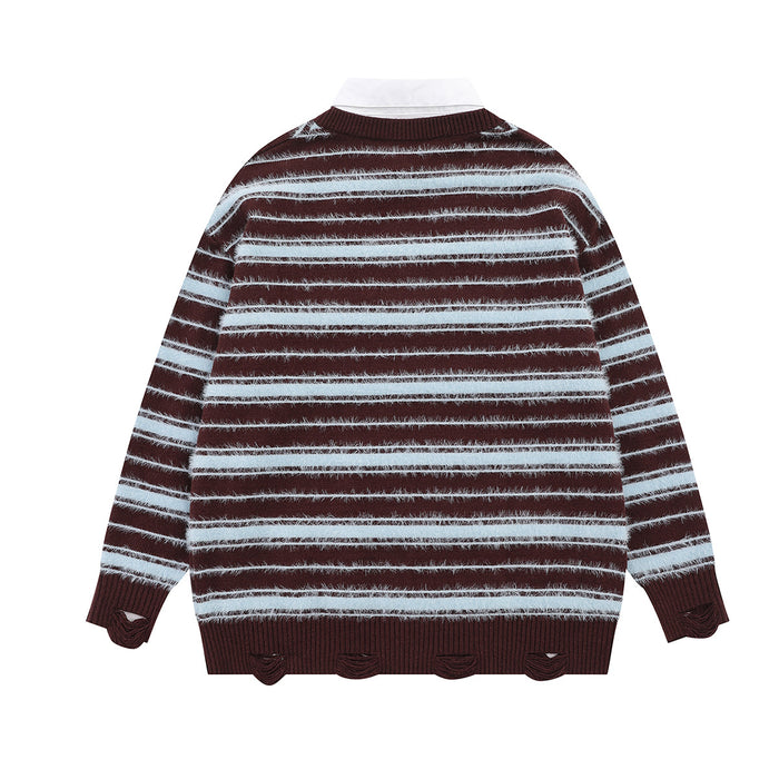 Back view of burgundy striped knit sweater with horizontal pale stripes and ribbed collar, cuffs, and hem