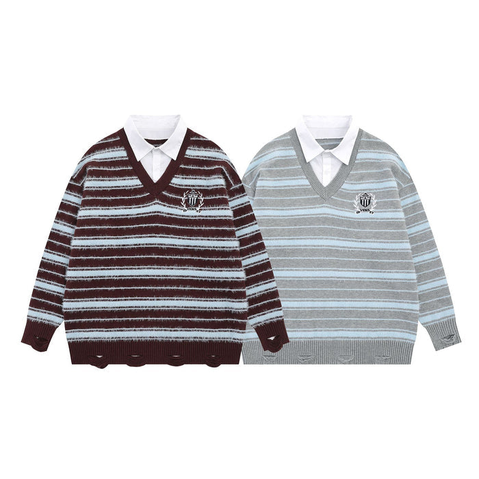 Two striped knit sweaters in burgundy and gray shown from the front with white collars and embroidered chest crests