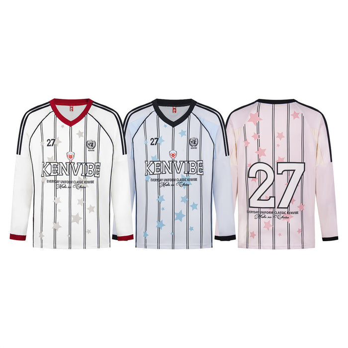 Three striped long-sleeve soccer jerseys shown together in white, light blue, and pale pink, with star prints and number 27