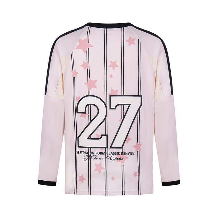 Kenvibe striped V-neck long sleeve soccer jersey shirt with star print and number 27 in pink colorway, front and back view