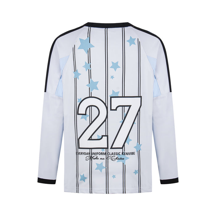Back of light blue striped soccer jersey with blue stars and a large outlined number 27