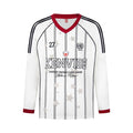White long-sleeve soccer jersey front with black stripes, gray stars, red V-neck, and number 27