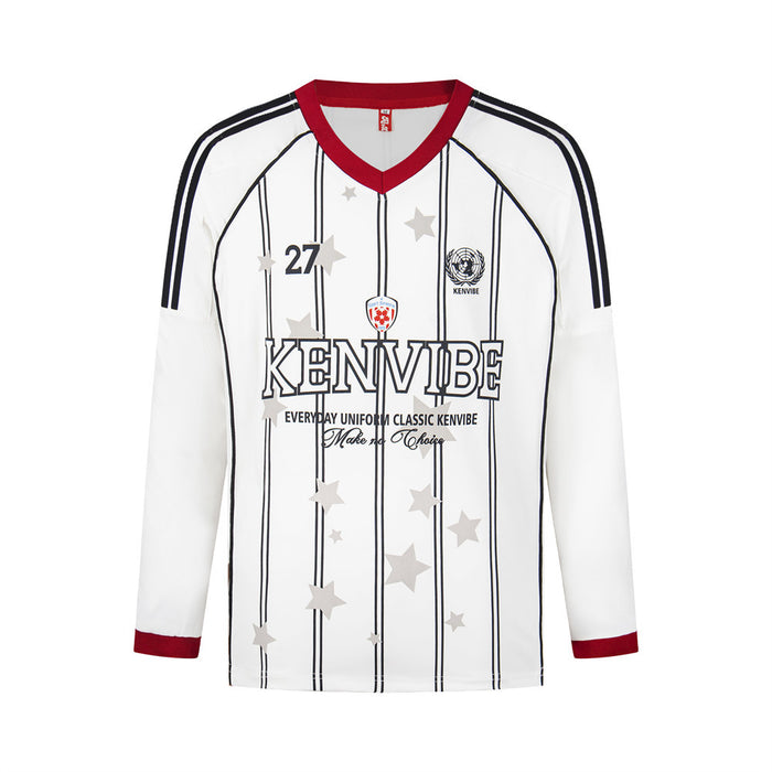 White long-sleeve soccer jersey front with black stripes, gray stars, red V-neck, and number 27
