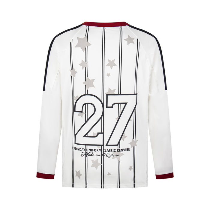 Back of white striped soccer jersey with gray stars, red collar and cuffs, and a large outlined number 27