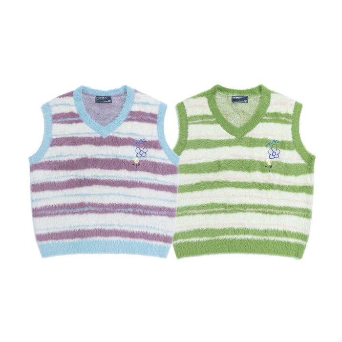 Two fuzzy knit V-neck sweater vests shown front-facing in lavender-blue and green striped designs