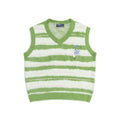 Fuzzy striped V-neck sweater vest in light green and cream horizontal stripes with embroidered flower chest detail, front vie