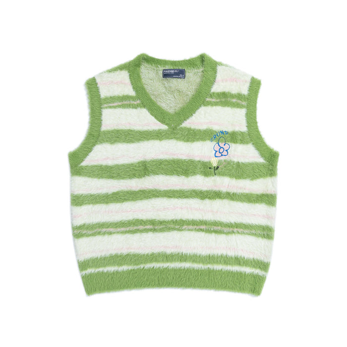 Fuzzy striped V-neck sweater vest in light green and cream horizontal stripes with embroidered flower chest detail, front vie