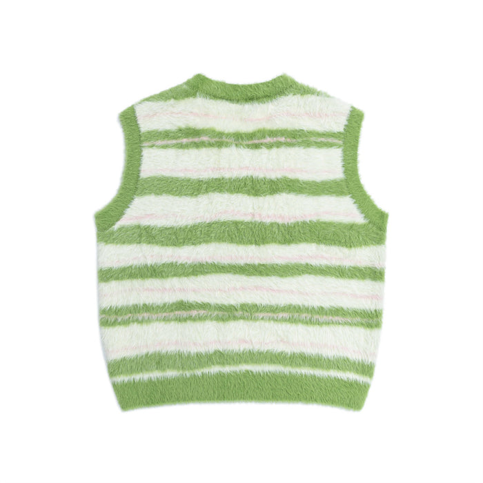Back view of a fuzzy green and cream striped sleeveless V-neck sweater vest