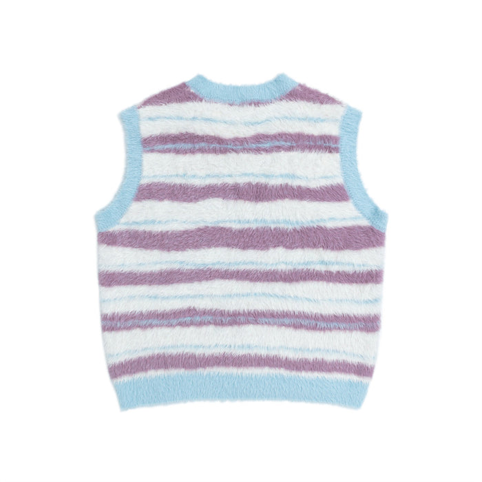 Back view of a fuzzy lavender, cream, and light blue striped sweater vest