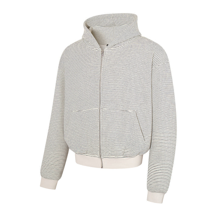 Cream striped zip-up hoodie shown from the front with a tall hood, pockets, and ribbed hem