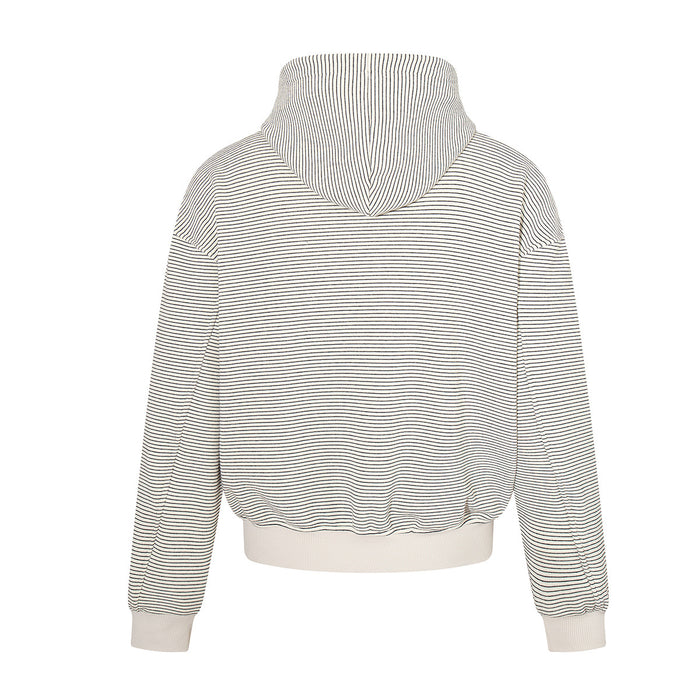 Back view of a cream striped zip-up hoodie with a hood and ribbed waistband