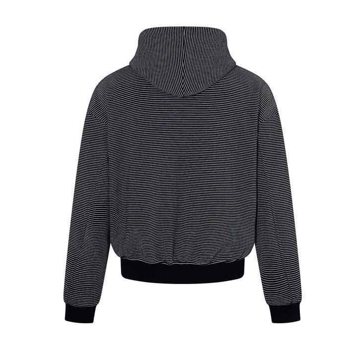Back view of a black striped zip-up hoodie with a hood and ribbed waistband