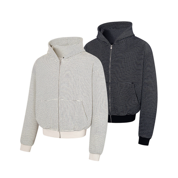 Cream and black striped zip-up hoodies displayed together in angled front views