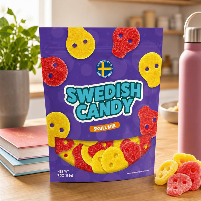 Swedish Candy Skull Mix 7 oz bag styled in a lifestyle setting