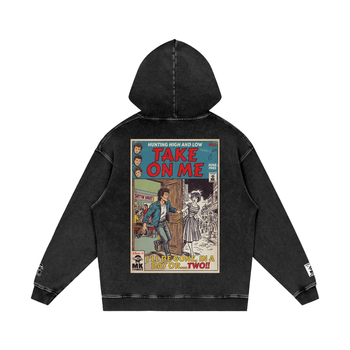 Black hoodie with a comic book-style graphic on the back against a white background