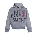 The Basement Union Jack distressed graphic zip-up hoodie with star rivet hood detail in heather grey