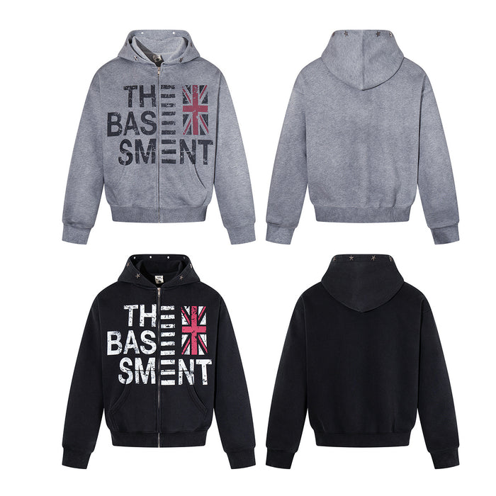 Gray and black zip-up hoodies shown front and back, featuring The Basement text and Union Jack graphics