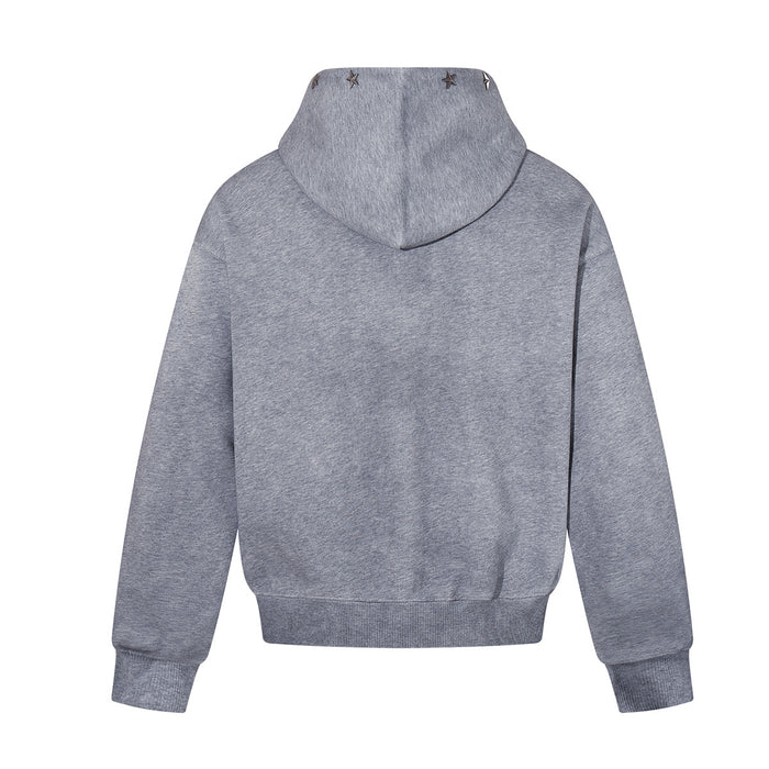 Back view of a gray zip-up hoodie with a hood, long sleeves, ribbed cuffs, and star rivets