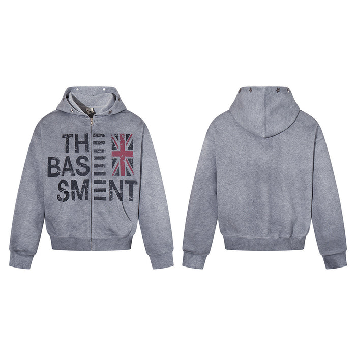 Gray zip-up hoodie shown from front and back with The Basement lettering and Union Jack chest graphic