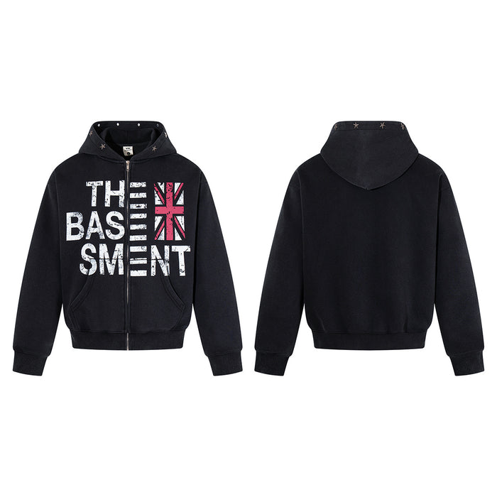 Black zip-up hoodie shown from front and back with distressed lettering and Union Jack design