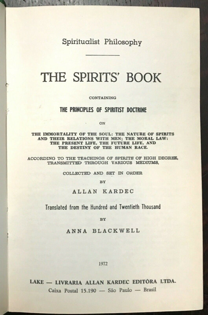 THE SPIRITS' BOOK - Allan Kardec, 1st 1972 SPIRITUALISM SPIRITS IMMORTALITY SOUL