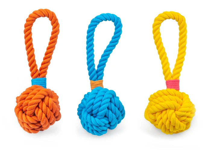 ThoozyPet Ball Tug Rope Dog Toy with Handle Yellow 3"