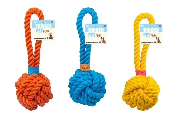 ThoozyPet Ball Tug Rope Dog Toy with Handle Yellow 5"