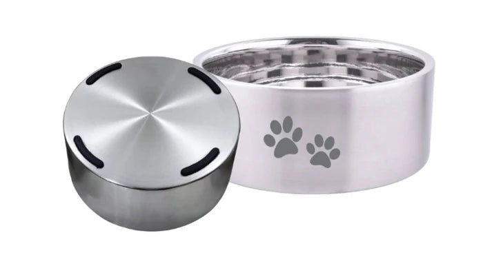 ThoozyPet Double Wall Bowl with Paws Silver 62 oz