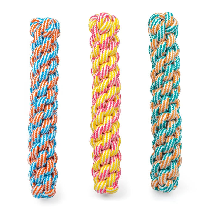ThoozyPet Knotted Fetch Stick Rope Dog Toy Yellow / Pink 12.5"