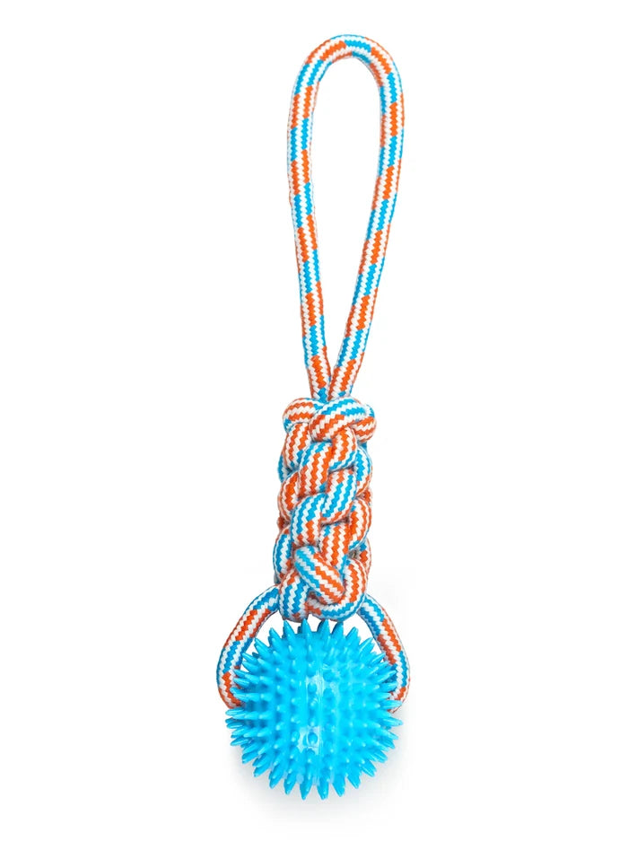 ThoozyPet Knotted Tug Rope Dog Toy with TPR Spike Ball Blue / Red 16"