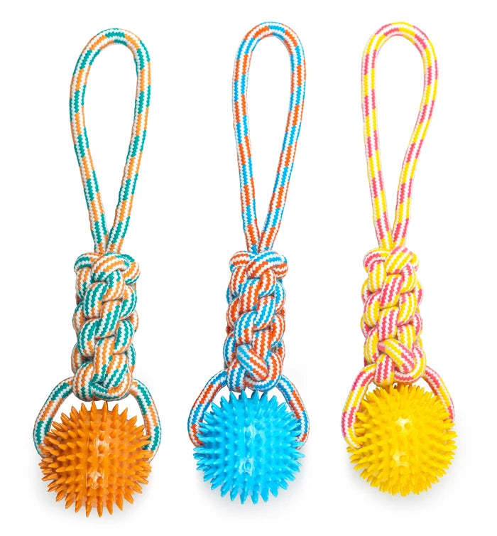 ThoozyPet Knotted Tug Rope Dog Toy with TPR Spike Ball Yellow / Pink 16"