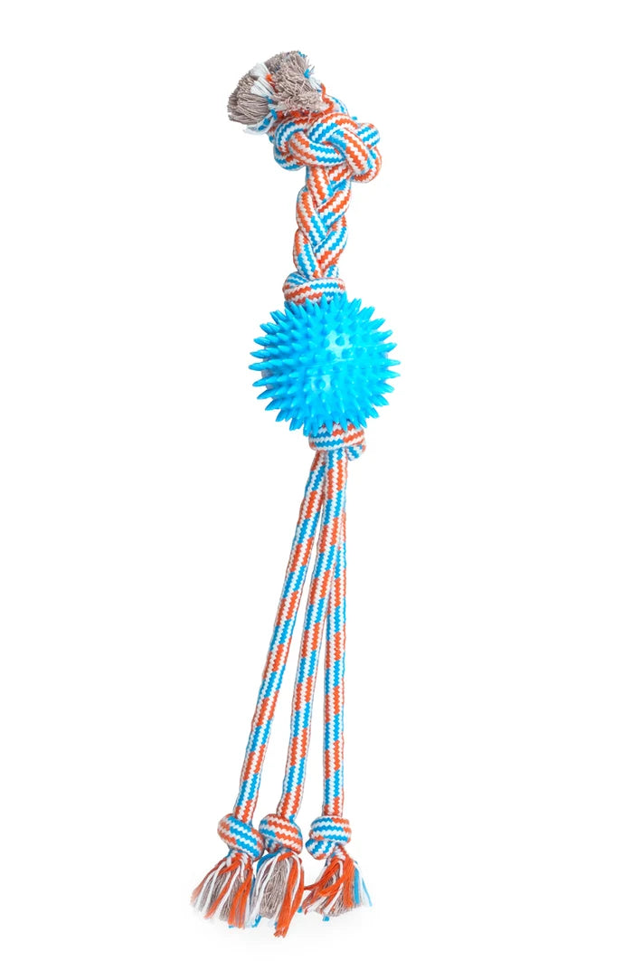 ThoozyPet Squid Tails Tug Rope Dog Toy with TPR Spike Ball Blue / Red 22"