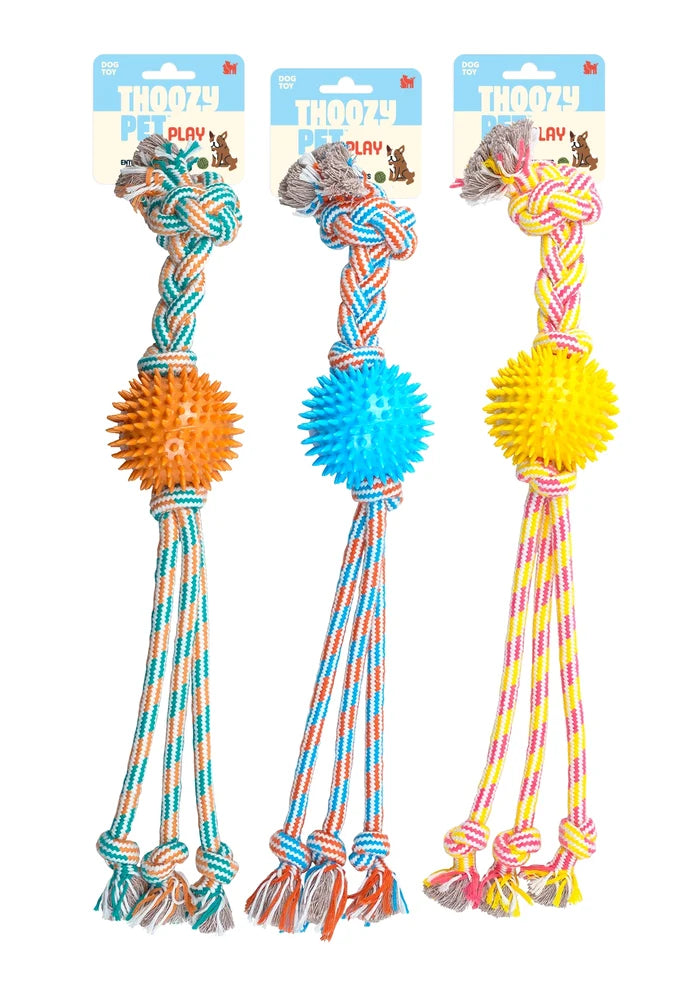 ThoozyPet Squid Tails Tug Rope Dog Toy with TPR Spike Ball Orange / Teal 22"
