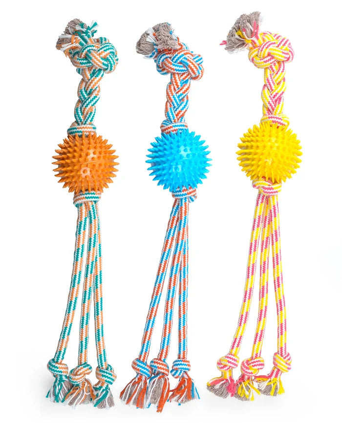 ThoozyPet Squid Tails Tug Rope Dog Toy with TPR Spike Ball Yellow / Pink 22"