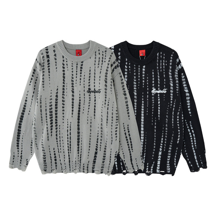 Oversized tie-dye stripe distressed knit pullover sweater with crew neck and embroidered logo in grey and black colorways
