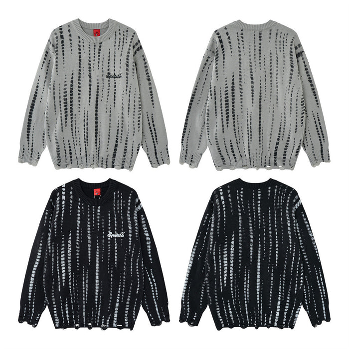 Gray and black oversized knit sweaters shown in front and back views with vertical distressed stripe patterns