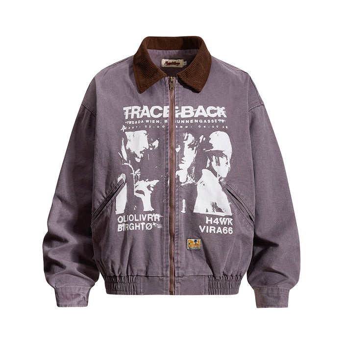 Traceback graphic washed canvas bomber jacket in purple-grey with corduroy collar and screen-printed concert-flyer design, fr