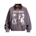 Traceback graphic washed canvas bomber jacket in purple-grey with corduroy collar and screen-printed concert-flyer design, fr