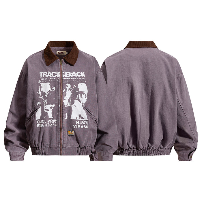 Washed purple-gray canvas bomber jacket shown from front and back with brown corduroy collar and graphic print