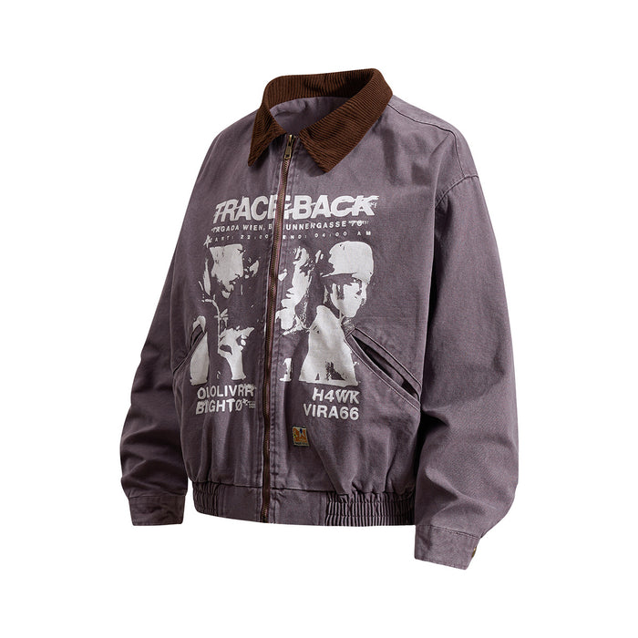 Three-quarter front view of a purple-gray washed canvas bomber jacket with brown corduroy collar and portrait graphic