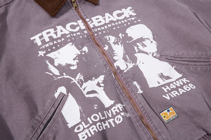 Close-up of the bomber jacket front showing white portrait graphics, text, zip closure, and angled pocket
