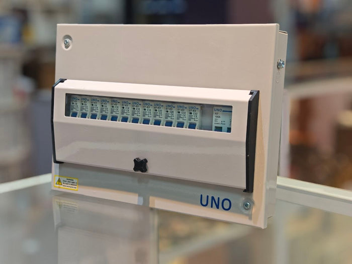 UNO 12-Way Single Phase Consumer Unit Distribution Board | 100A Isolator | Pre-fitted MCBs | Metal Enclosure