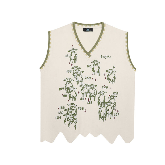 V-neck knit sweater vest with sheep jacquard graphic and scalloped hem in cream with sage green contrast trim