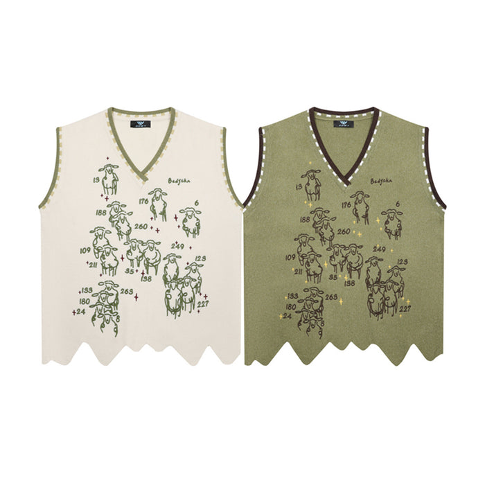 Front view of cream and olive V-neck knit sweater vests with sheep graphics and scalloped pointed hems