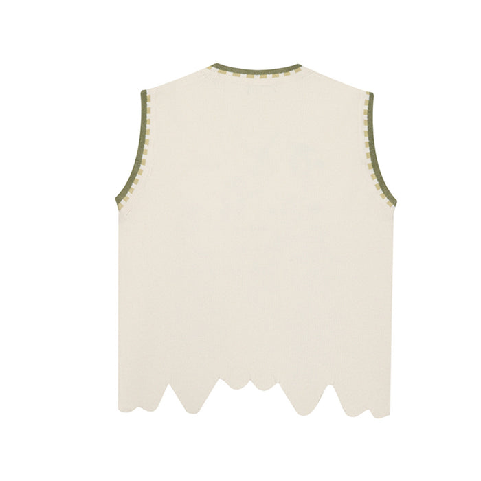 Back view of the cream knit sweater vest showing a plain design, striped trim, and scalloped hem