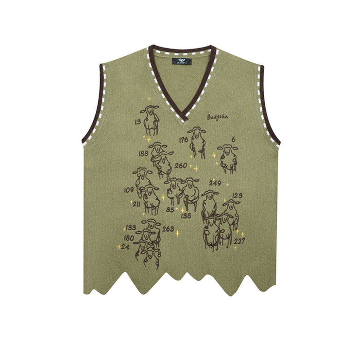 Front view of the olive green knit sweater vest with numbered sheep graphics and brown-trimmed V-neck