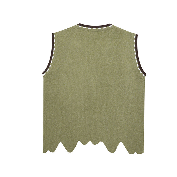 Back view of the olive green knit sweater vest with plain fabric, contrasting trim, and scalloped hem