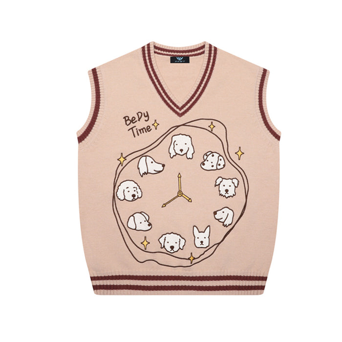 V-neck knit sweater vest with dog clock jacquard graphic in blush pink with burgundy contrast trim